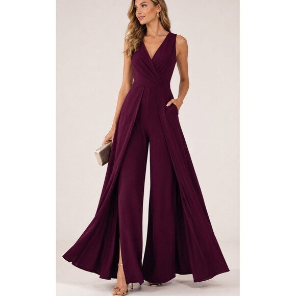 MUSHARE Pants - Burgundy Palazzo Jumpsuit Women’s Formal Dress Illusion Wide Leg  size L NWT